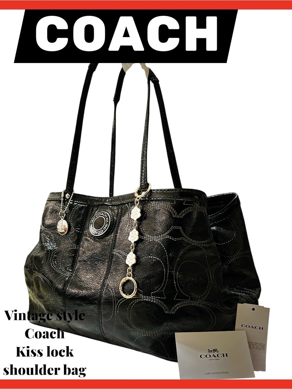 Vintage Coach kiss lock soho shoulder bag Black Leather with Signature Charm - Picture 9 of 17